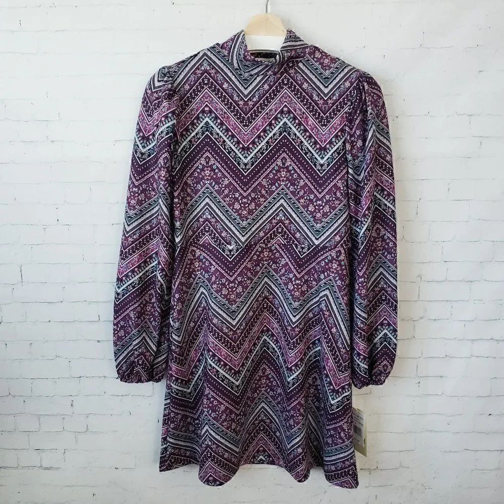 Live To Be Spoiled Purple Chevron Print Dress Size Mock Neck Long Sleeve Mini